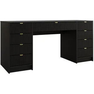 Mirjan24 Schreibtisch Tireno Bis, Schlafzimmer Kosmetiktisch mit neun Schubladen, Goldfarben Aluminiumgriffe (Farbe: Schwarz Molet) - Schwarz