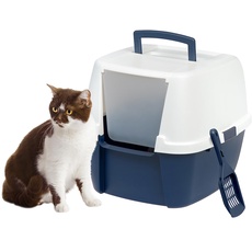 IRIS USA Jumbo geschlossene Katzentoilette mit Vordertürklappe und Schaufel, Katzentoilette mit Kapuze und leicht zugänglichem Griff und Schnallen für Tragbarkeit und Privatsphäre, Marineblau/Weiß