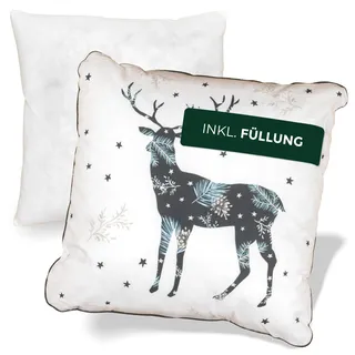 NOAH VERDE Zierkissen-Weihnachten Wald Hirsch, Dekokissen mit Füllung und Bezug, Kissen 45x45, Schlafzimmer Deko, Weihnachtskissen Landhaus Deko, Geschenk Freundin, Kissenbezug 45x45 Christmas Pillow