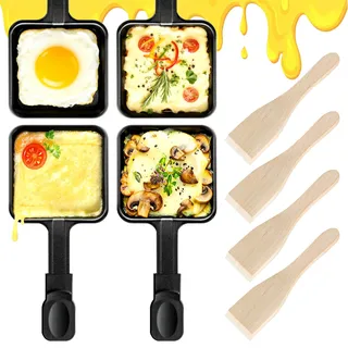 Kosmosta 4er Set Raclette Pfannen Quadratisch mit Extra Langem Griff, 4 Holzspatel, Antihaftbeschichtung, Große Raclette Grillpfanne, Ersatz Zubehör für Raclette Geräte
