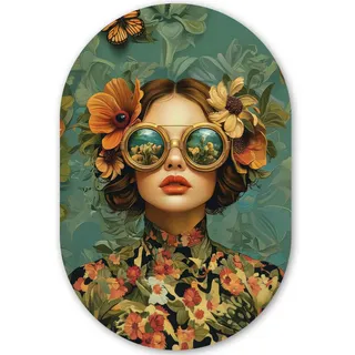 MuchoWow Wandbild Frau - Blumen - Schmetterlinge - Natur - Vintage 60x90 cm , Petrol , Kunststoff , Oval , 60x90 cm , einfache und schnelle Anbringung , Bilder & Rahmen, Bilderrahmen, Bilderrahmen & Fotorahmen