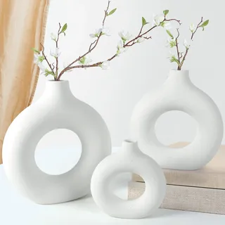 Donut vase für pampasgras, Medium Vase Weiß Keramik Vasen, Matt Ring Vase für Nordic Modern Deko, Weiss Boho Rund Vase Passend für Esstisch Couchtisch Schmücken Büro Haus