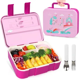 Lehoo Castle Brotdose Kinder Mit 5 Fächern 2 Besteck, 1250ML Lunchbox Schule Auslaufsichere, Bento Box Mädchen, Mikrowellengeeignet, mit Tragegriff/Saucenglas/Löffel & Gabel (Rosa Einhorn)