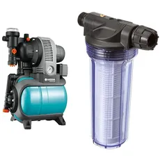 Gardena Classic Hauswasserwerk 3000/4 eco: Hauswasserpumpe mit Thermoschutzschalter, max. Fördermenge 2800 l/h) & Pumpen-Vorfilter für Wasserdurchfluss bis 6000 l/h