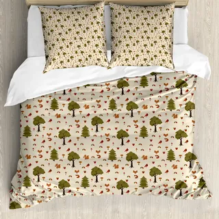ABAKUHAUS holzig Bettbezug Set für Einzelbetten, Waldtiere in der Natur, Milbensicher Allergiker geeignet mit Kissenbezug, 155 cm x 220 cm - 80 x 80 cm, beige Fawn - Beige
