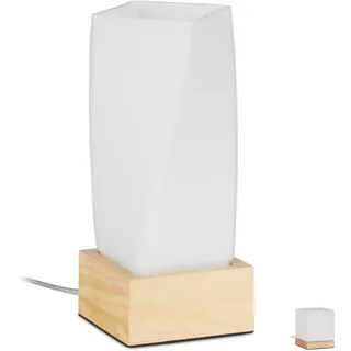 Relaxdays Tischlampe Prisma, Wohn- & Schlafzimmer, Holz & Milchglas, E14 Nachttischlampe, 24 x 10 x 10 cm, weiß/natur