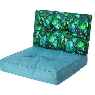 Bjird Sesselkissen, Kissen für Rattanmöbel, Sitzkissen & Rückenkissen, Sitzkissen für Sessel / Stühle - Indoor & Outdoor - Anti-Rutsch - 59x59, 59x39 cm, Blau + Blaue Blätter - Blau