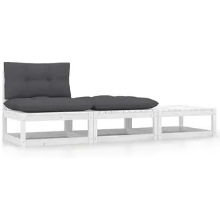 3-TLG. Garten-Lounge-Set mit Kissen Weiß Kiefer Massivholz Gartenmöbel Set, Outdoor Balkonset Terrassenmöbel, Gartenlounge Sitzgruppe für Terrasse, Balkon, Garten -B - Weiß