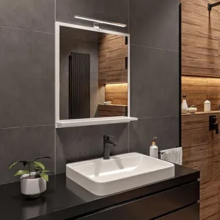 HAJDUK FURNITURE Badspiegel mit Beleuchtung 4000 K IP44 Weiß H:70 x B:60 cm - Bathroom Mirror - Badezimmer Spiegel Rechteckig mit Ablage und LED - Weiß