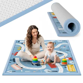 teskon® Krabbelmatte Baby Spielmatte Kinder 200x150x3cm Autos & Straße | Seidenweich, 3 cm dick, Premium Memory-Schaum, rutschfeste Unterseite, sicher und gemütlich fürs Krabbeln und Spielen
