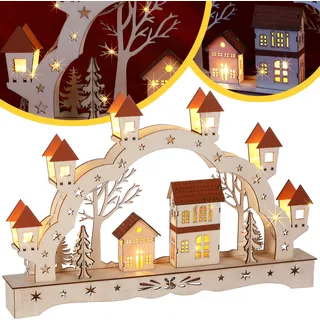 MONZANA® Schwibbogen Weihnachten LED Batteriebetrieben Timer Kabellos Holz Beleuchtung Deko Lichterbogen Weihnachtsdeko Schwippbogen Lichterkranz Braun - Braun