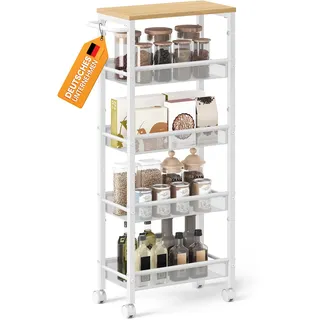 VASAGLE Rollwagen 5 Ebenen, Küchenwagen schmal, Nischenregal auf Rollen, Stahl, Griff, für kleine Räume, 22 x 45,4 x 99,6 cm, Küche, Bad, Wohnzimmer, Arbeitszimmer, eichenfarben-weiß LRC035W09