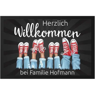Kiddle-Design Fußmatte Personalisiert Familie, Willkommen bei mit 1-2 Kindern und Wunschname Geschenk Einzug Richtfest Fußabtreter Einweihung Fußabtreter flach & dünn 60x40cm