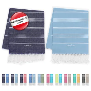 LeStoff 2er-Set Hamamtuch 95 x 180 cm - 100% Bio-Baumwolle, Vorgewaschen, Nachhaltig, Saugstark & Schnelltrocknend, Reisehandtuch, Campinghandtuch, Badetuch, Saunatuch, Strandtuch (Navy + Light Blue)