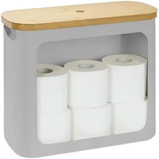 Relaxdays Toilettenpapier Aufbewahrung, 12 Rollen, HxBxT: 36 x 43 x 17 cm, Stoff, Bambus, Klopapier Korb, Vorrat, grau