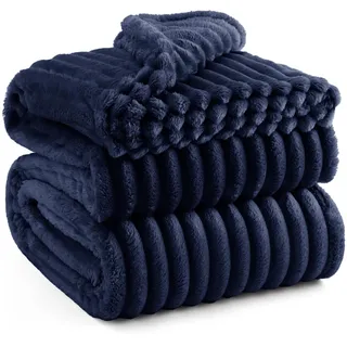 BEDSURE kuscheldecke 220x240 für Zimmer Deko - Tagesdecke, Wolldecke & Fleecedecke, Sofadecke, Weiche Warme Grobe Korddecke für Couch, Geschenke für Frauen, XXL Große Decke, Marine, 220 x 240 cm
