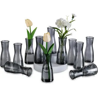Glasseam Kleine Vasen Glas für Tischdeko: Schmale Vase Grau 12 Stück Glasvasen Set - Minimalistische Blumenvase Klein Tischvasen Deko für Hochzeit Party Esstisch Tafelaufsatz