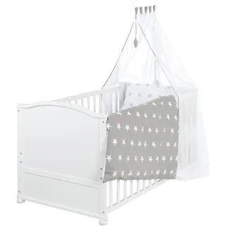 roba Little Stars - 70 x 140 cm - Kinderbett mitwachsend / umbaubar + komplette Textilien im Sterne Design - Höhenverstellbar - Holz weiß