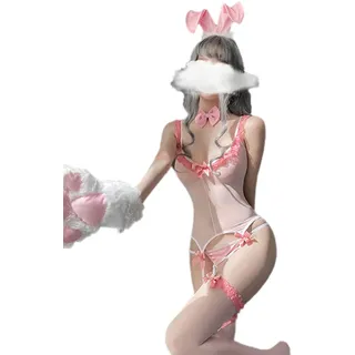 SNOMYRS Damen Dessous Set Hase Kostüm Sexy Bunny Bodysuit Dessous mit Kaninchenohren und Schleifen für Kostümparty