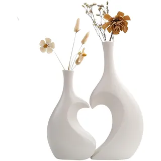 Weiße Keramikvasen Set (2er Set) - Herzförmige Vasen mit Mattierter Oberfläche, Landhausstil Deko für Schlafzimmer, Wohnzimmer, Büro & Badezimmer