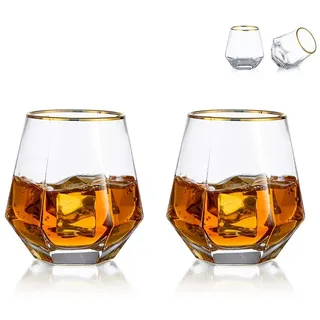 Diamond Whisky Glasses 2er-Set Gekipptes Scotchglas 300 Ml Whiskyglas Moderner Look Für Männer Frauen, Papa, Ehemann, Freunde, Glaswaren Für Bourbon/Rum/Bar Tumbler