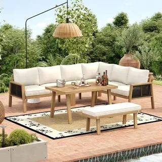 Gartenmöbelset, Eckbank + Sofa-Tisch, Akazie-Frägeset, Akazie-Tischplatte, gewebter Seilstrang, für den Garten geeignet, natur + creme - Weiß