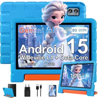 ZIOVO Kinder Tablet 10 Zoll Android 15 mit 30GB RAM+TF 2TB, 5G WiFi, Gemini AI, Octa-Core, Widevine L1, GPS, Face ID, Kindersicherung, iWAWA, 6000mAh, BT 5.0, Kids Tablet mit Eva Case - Blau