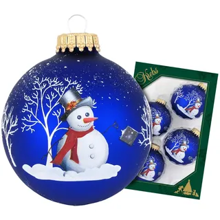 Krebs Glas Lauscha Weihnachtsdekoration/Christbaumschmuck aus Glas - Weihnachtskugeln - Motiv: Blau matt Schneemann - 4 Stück - Größe: ca. 7 cm