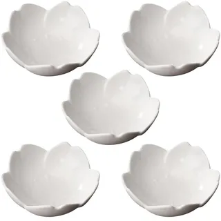 FSSTUD 5 Stück Kleine Kirschblüten-Geschirr Blumenförmige Keramikteller Sojasauce-Tauchschüsseln Blumenförmige Servierschalen Süße Würzschüsseln Dekorative Dessert-Schüsseln für Küche Zuhause Weiß