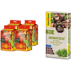 Floragard 4 x Aktiv-Tomaten-und Gemüseerde 20 Liter Blumenerde, erdfarben, 80 Liter & Bio-Erde Aromatisch 1x40 Liter - für Anzucht und Aussaat sowie für Kräuter - torffrei und vegan