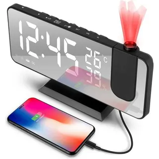 MODFU Projektionswecker, 3 Projektionshelligkeit, Led Digital Wecker mit Projektion 180 °, Radiowecker mit USB-Anschluss LED-Anzeige Snooze Dual-Alarm - Schwarz