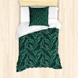 ABAKUHAUS Palmblatt Mantele, Frischer Hawaii Sommer, Milbensicher Allergiker geeignet mit Kissenbezügen, 135 cm x 200 cm - 80 x 80 cm, Dunkelgrün Schwarz - Schwarz