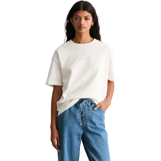 T-Shirt MARC O'POLO DENIM "relaxed aus Organic Cotton", Damen, Gr. L, sanftes weiß, Jersey, Obermaterial: 100% Baumwolle, relaxed fit normal, Rundhals, Shirts T-Shirt, auffälliger Rückenprint