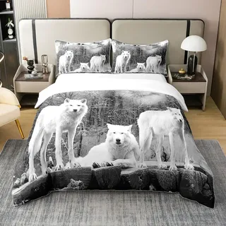 Bettwäsche, 220 x 240 cm, aus 100 % natürlicher Baumwolle, Bettbezug, weißer Wolf, Bettwäsche, Motiv: Wolfspärchen, Bettbezug Safari, Tiere für Kinder, Jungen, Mädchen, exotische Tierwelt