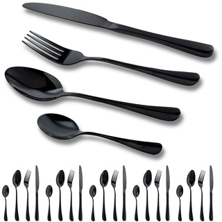 Schwarz Besteck Set 6 Personen, 24 Teilig Besteckset, Inkl Messer, Gabel Löffel Und Dessertlöffel, Besteck Edelstahl Spiegelpoliert Spülmaschinenfest, Schwarzes Matt Farbe