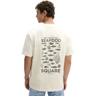 T-Shirt MARC O'POLO, Herren, Gr. L, egg weiß, Jersey, Obermaterial: 100% Baumwolle, loose fit normal, Rundhals, Shirts T-Shirt, loose mit Seafood-Rückenprint