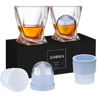 Whisky Gläser, 4er Set (2 Kristallgläser, 2 große Eiskugelformen) in Geschenkbox – 320 ml Whiskey Gläser für Scotch, Cocktail, Rum, Bourbon, Wodka und Likör – Einzigartige Geschenke für Männer