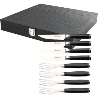 Katana Saya Pakkawood 8-teiliges Steakmesser- und Gabel-Set, 4 Steakmesser und 4 Gabeln, Japanischer 67-lagiger VG-10-Damast-Edelstahl, schwarzer Pakkaholzgriff, Küchenmesser