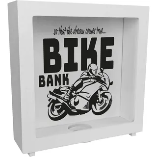 Bike Bank Rahmen Spardose aus Holz in schwarz zum Thema Motorradkauf und Motorrad Fahren schöne Sparbüchse Geschenk für Sparfüchse die Träume eines Bikers mögen oder Sich ihren