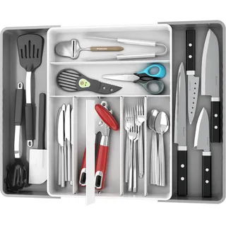 Simple Houseware erweiterbarer Besteck-Organizer, Besteckkasten für Küchenschublade, Grau/Weiß