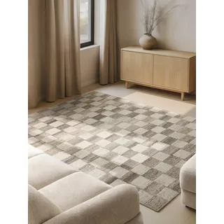 vikosa Quadra, creme braun, B:200cm H:15mm L:300cm, Wolle, Teppiche, Teppich, Handgemacht, Kariert, Karo, Natur, Wolle, Wohnzimmer,Schlafzimmer