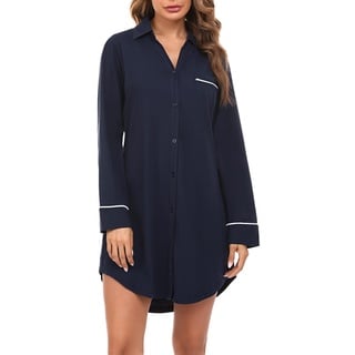 Doaraha Nachthemd Damen mit Knöpfen Langarm Schlafshirt Sexy Knopfleiste Boyfriend Sleepshirt mit Kragen (Dunkelblau, XL)