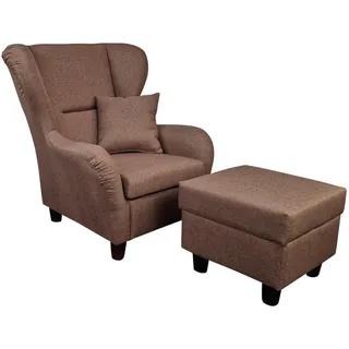 luma-home Ohrensessel mit Hocker, hoher Sitzkomfort durch Wellenunterfederung B90/H98/T76 cm, Strukturstoff Braun / 18003 , Textil , Füllung: Polyurethan (Pur) , einzeln stellbar,Quadratisch , 90x98x76 cm , Wohnzimmer, Sessel, Ohrensessel