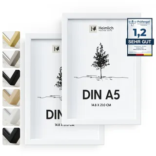 Heimlich® - Bilderrahmen - A5 14,8x21 cm, Ayous-Holz, Weiß, 2er-Pack - Diplom-Poster-Collage-Rahmen mit Folienabdeckung - Wandmontage oder Tischaufsteller