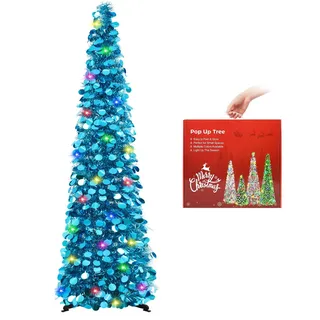N&T NIETING Künstlicher Weihnachtsbaum mit Beleuchtung, Pop Up Weihnachtsbaum 150cm, Pailletten Weihnachtsbaum künstlich Weihnachtsdeko für Weihnachten, Partybedarf, Haus Dekoration, Blau