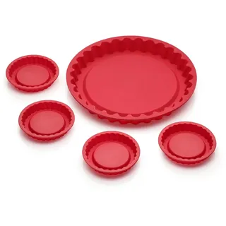 Coolinato - Silikon Backform Tarteform 5er Set Rot - Für Tarte, Kuchenböden, Obstkuchen & Quiche - Flexible Tortenbodenform 31 cm & 4x12 cm backofenfest bis 230°C & antihaft inkl. tollen 4 Rezepten