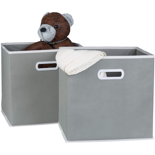 Relaxdays Faltbox 2er Set, mit Griff, quadratisch, 30 x 30 cm, Stoff Aufbewahrungsbox ohne Deckel, Regalbox, grau,