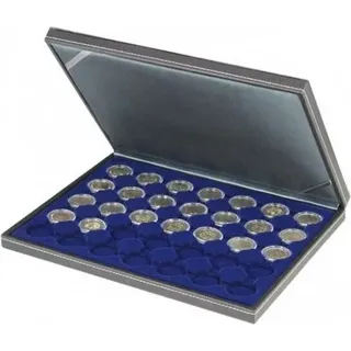 Lindner 2364-2530ME Münzkassette NERA M mit dunkelblauer Münzeinlage mit 35 runden Vertiefungen für Münzkapseln mit Außen-Ø 32 mm, z.B. für 2 Euro-Münzen in Münzkapseln - Grau, Dunkelblau