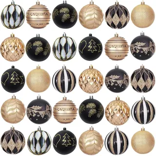 60mm 30 STK. Weihnachtskugeln Kunststoff Christbaumkugeln Weihnachtsbaumdekoration Set Für Weihnachtsbaum Dekoration Weihnachten Hochzeit Party (Schwarz & Gold)