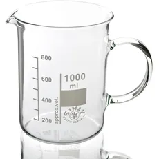 Simax Becherglas mit Henkel, hitzebeständiges Borosilikatglas 3.3, niedrige Form mit Ausguss und Skala, 1000 ml